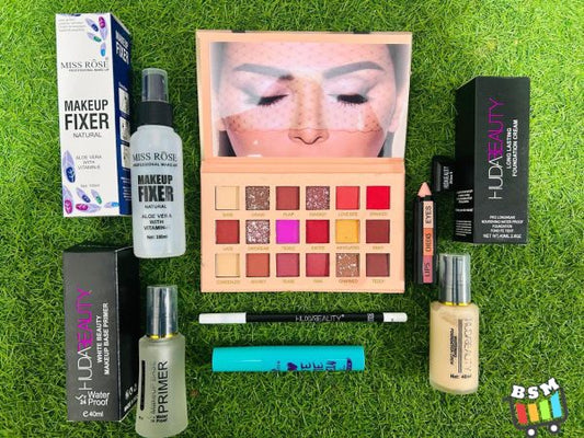 7 In 1 Makeup Deal – Fixer, Primer , Foundation, Lip Pencil, Mascara, Lip Pen, Eyeshadow Pallet